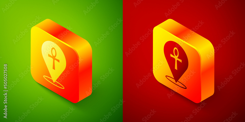 Isometric Cross ankh icon isolated on green and red background. Egyptian word for life or symbol of immortality. Square button. Vector