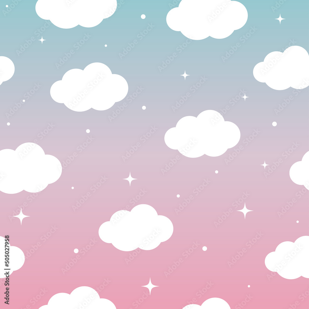 Seamless pattern with clouds and sparkles. Blue and pink gradient background. Vector seamless background for kids and babies. Vector illustration.