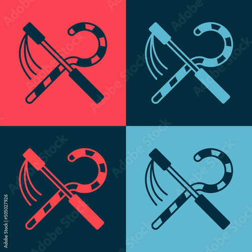 Pop art Crook and flail icon isolated on color background. Ancient Egypt symbol. Scepters of egypt. Vector