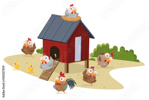 funny cartoon illustration of a henhouse