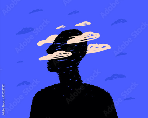 A black silhouette of a head surrounded by clouds, a symbol of postcovid syndrome, brain fog.