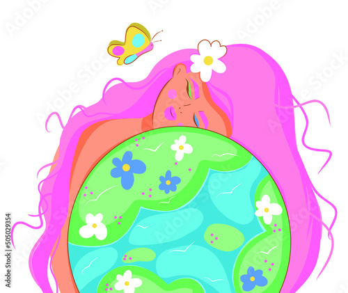 Vector illustration tender girl with pink hair hugs planet earth globe with love and joy planet day earth day ecology