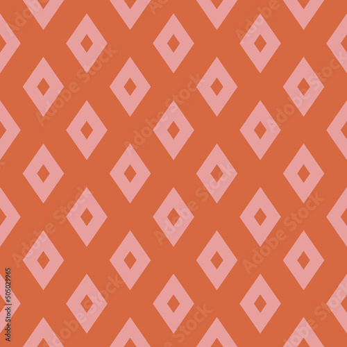 Diamond seamless pattern. Vector geometric ornament with perforated rhombus shapes. Abstract graphic texture. Retro vintage style. Orange and pink color. Simple minimal background. Repeat geo design