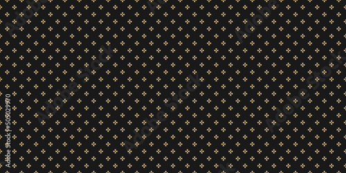Vector golden geometric floral pattern. Simple abstract minimalist seamless texture with small flowers, crosses. Luxury gold and black ornament background. Minimal repeat design for decor, wallpaper