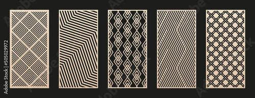 Laser cut patterns. Vector set with abstract geometric ornament, lines, stripes, chevron. Optical illusion effect. Decorative stencil for laser cutting of metal, wood, paper, acryl. Aspect ratio 1:2