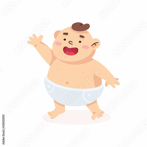 Cute baby boy in diaper waves his hand in greeting. Cortoon vector illustration isolated on white background