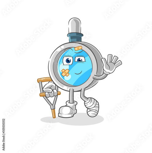 magnifying glass sick with limping stick. cartoon mascot vector