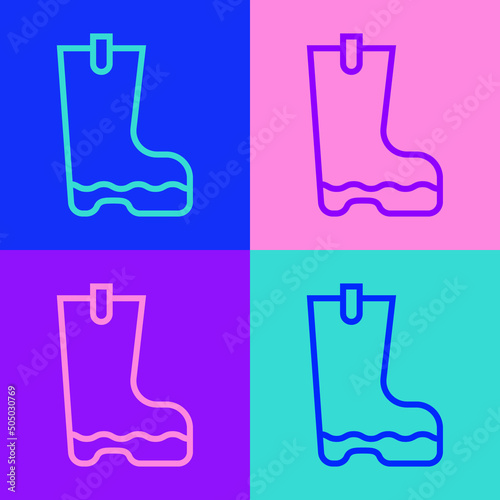Pop art line Waterproof rubber boot icon isolated on color background. Gumboots for rainy weather, fishing, gardening. Vector