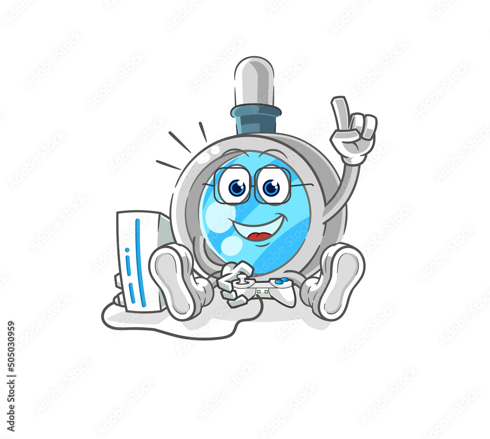 magnifying glass playing video games. cartoon character magnifying glass playing video games. cartoon character