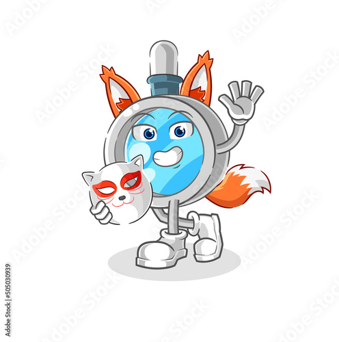 magnifying glass japanese fox character. cartoon mascot