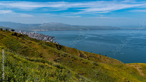 Panoramic view of the city of Tiberias and The Sea of Galilee in Israel
 photo