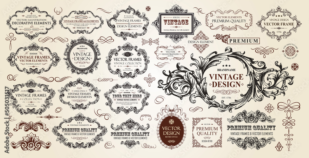 Vintage frames collection. Luxury classic vignettes, borders, labels and monograms isolated on a white background. Decorative calligraphic elements for certificates, posters and cards in retro style.