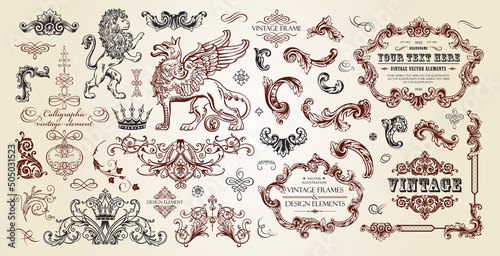 Vintage frames collection. Luxury classic vignettes, borders, labels and monograms isolated on a white background. Decorative calligraphic elements for certificates, posters and cards in retro style.