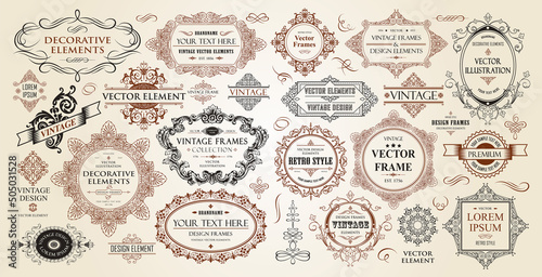 Vintage frames collection. Luxury classic vignettes, borders, labels and monograms isolated on a white background. Decorative calligraphic elements for certificates, posters and cards in retro style.