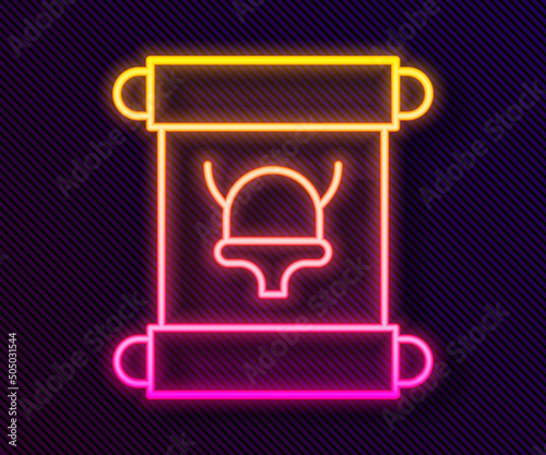 Glowing neon line Decree, paper, parchment, scroll icon icon isolated on black background. Vector
