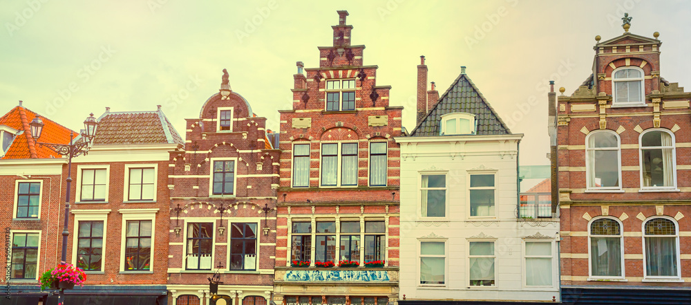 Traditional houses on Market square of old beautiful city Delft, Netherlands
