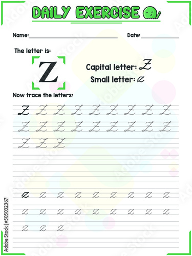 Cursive Alphabet Letter Tracing Practice and Handwriting Exercise for Primary and Kindergarten School Kids