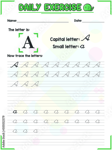 Cursive Alphabet Letter Tracing Practice and Handwriting Exercise for Primary and Kindergarten School Kids