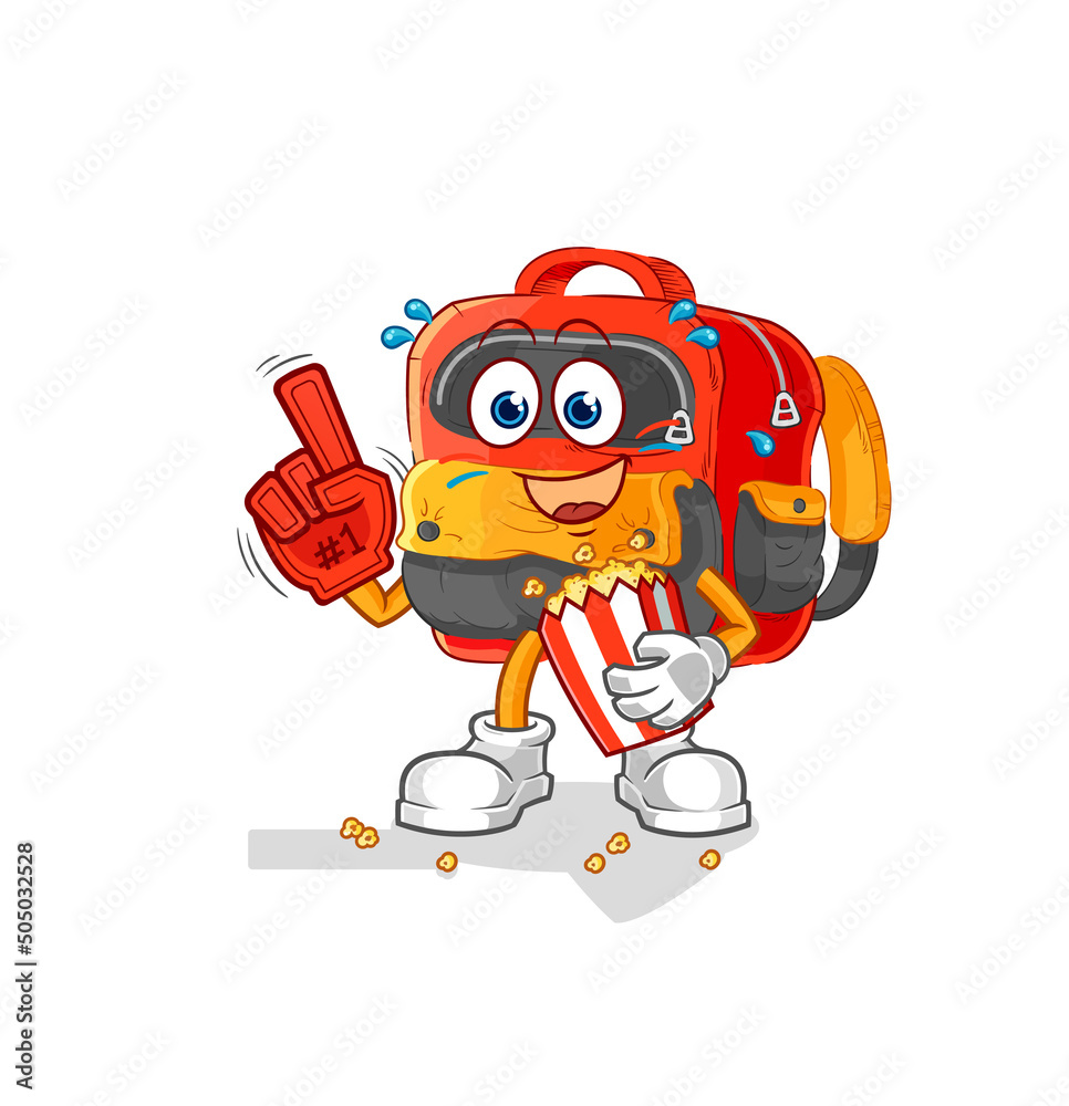 Obraz premium backpack fan with popcorn illustration. character vector