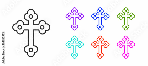 Black line Christian cross icon isolated on white background. Church cross. Set icons colorful. Vector
