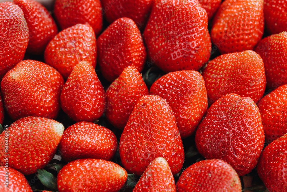 Fresh harvested strawberries in box container. Concept of spring fruits and berries and healthy eating vegan food. Closeup, selective focus