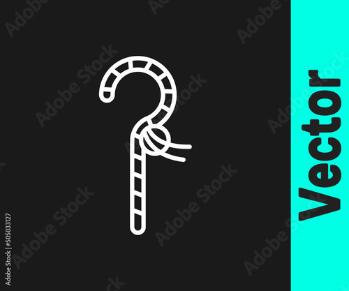 White line Crook icon isolated on black background. Ancient Egypt symbol. Scepters of egypt. Vector