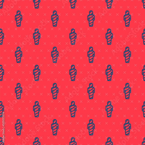 Blue line Egypt mummy icon isolated seamless pattern on red background. Vector