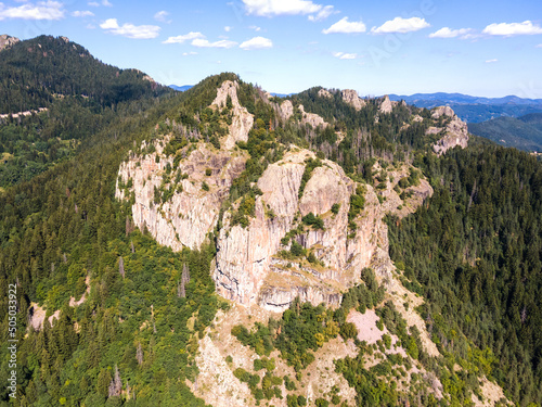 Aerial Panorama of Rhodope Mountains near Smolyan lakes, Bulgaria photo