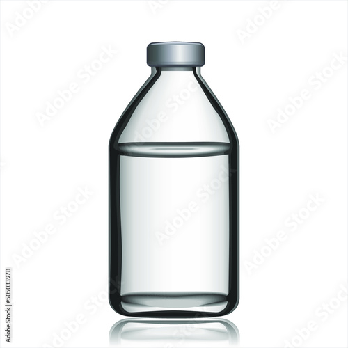 Template of transparent glass bottle with an aluminum cap filled with distilled water or saline. Packing collection for medicine.  White glass medical bottle mockup for medicines. Vector illustration.