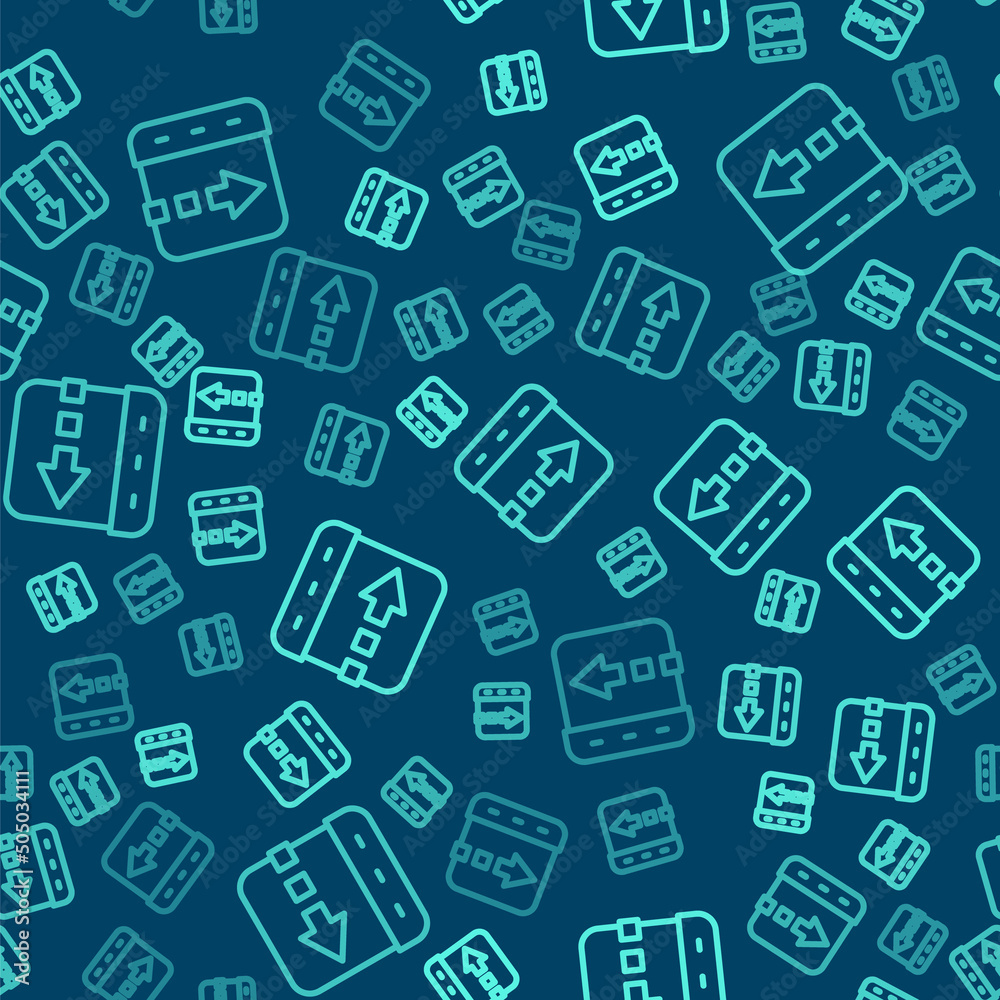 Green line Time flies on the clock icon isolated seamless pattern on blue background. Vector Green line Time flies on the clock icon isolated seamless pattern on blue background. Vector
