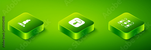 Set Isometric Mushroom, Grilled shish kebab on skewer and Campfire icon. Vector