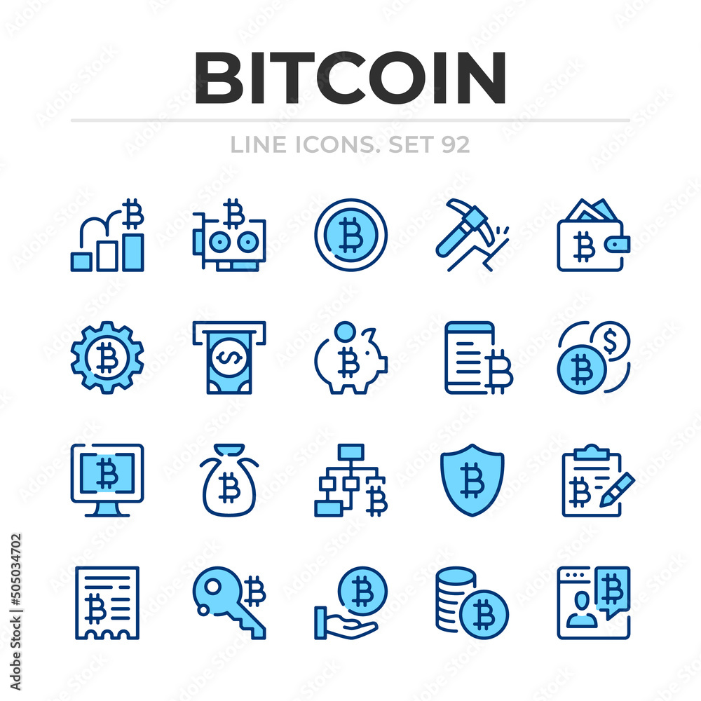 Bitcoin vector line icons set. Thin line design. Outline graphic elements, simple stroke symbols. Bitcoin icons