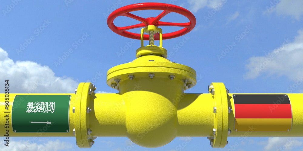 SAUDI ARABIA GERMANY oil or gas transportation concept, pipe with valve. 3D rendering SAUDI ARABIA GERMANY oil or gas transportation concept, pipe with valve. 3D rendering