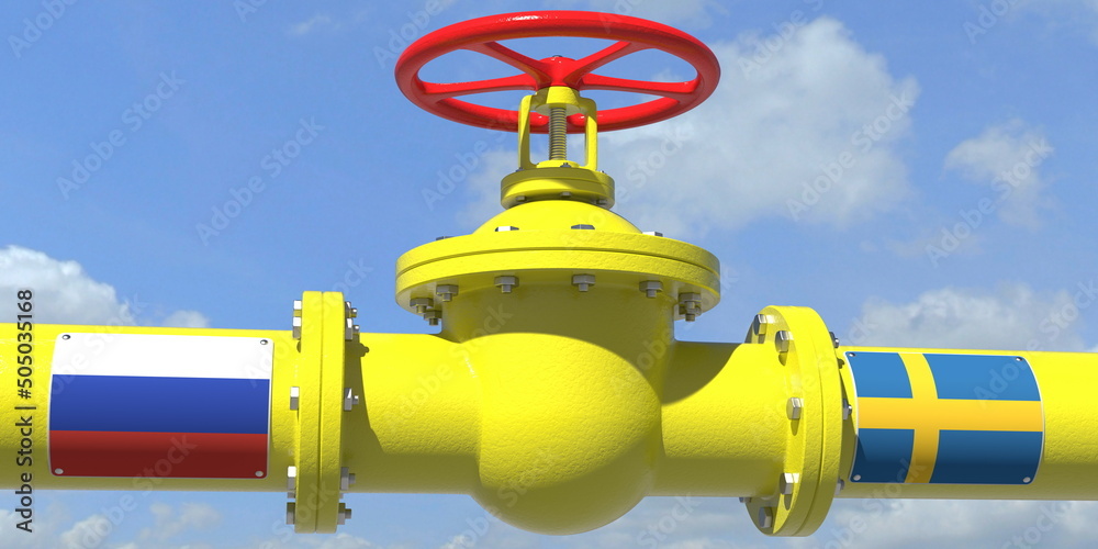 RUSSIA SWEDEN gas or oil transit concept. Pipe with valve, 3D rendering RUSSIA SWEDEN gas or oil transit concept. Pipe with valve, 3D rendering