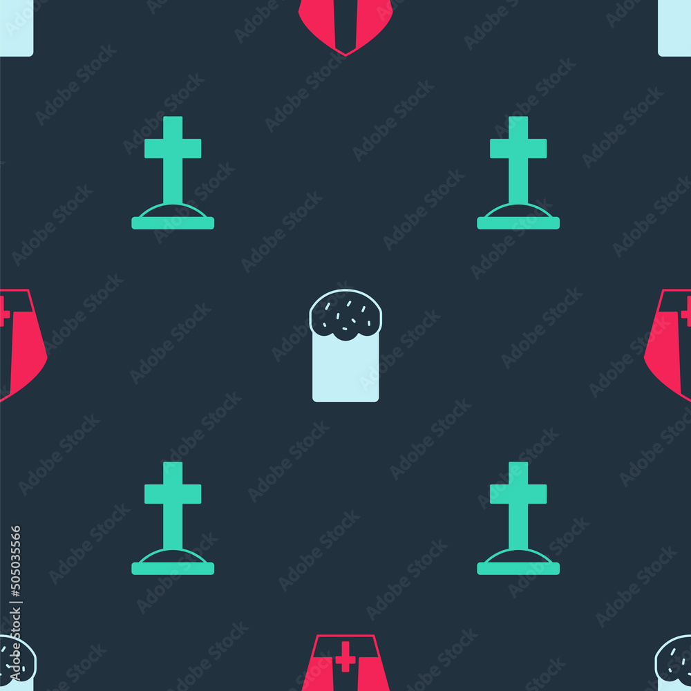 Set Pope hat, Easter cake and Grave with cross on seamless pattern. Vector Set Pope hat, Easter cake and Grave with cross on seamless pattern. Vector