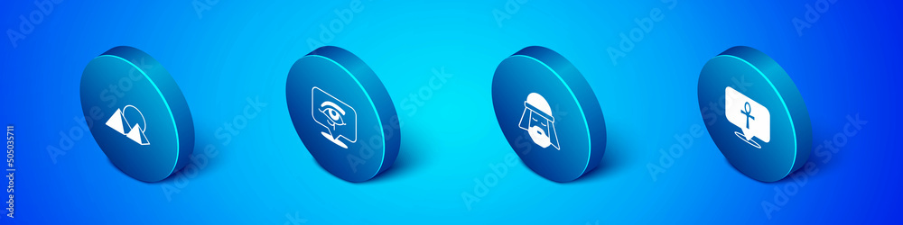 Set Isometric Egypt pyramids, Egyptian man, Cross ankh and Eye of Horus icon. Vector Set Isometric Egypt pyramids, Egyptian man, Cross ankh and Eye of Horus icon. Vector