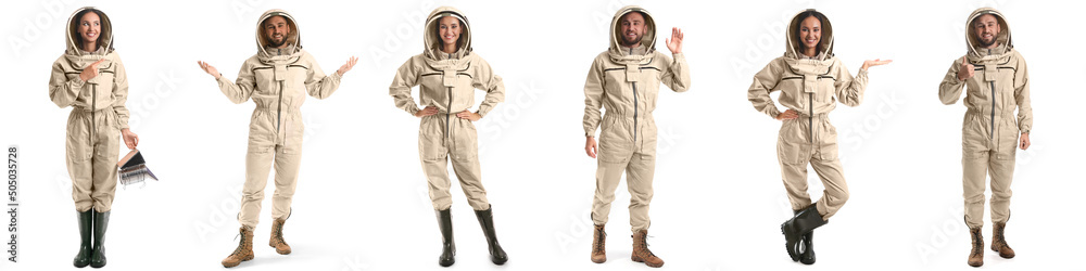 Set of beekeepers in protective suits on white background Set of beekeepers in protective suits on white background