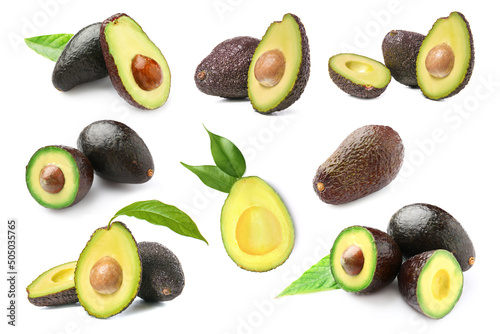 Set of whole and cut avocados isolated on white