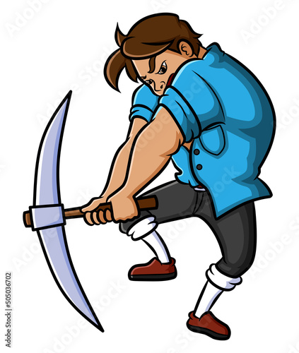 The strong builder swing the pickaxe