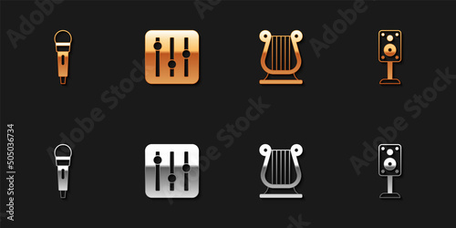 Set Microphone  Sound mixer controller  Ancient Greek lyre and Stereo speaker icon. Vector