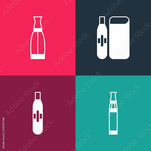 Set pop art Electronic cigarette  and Vape liquid bottle icon. Vector