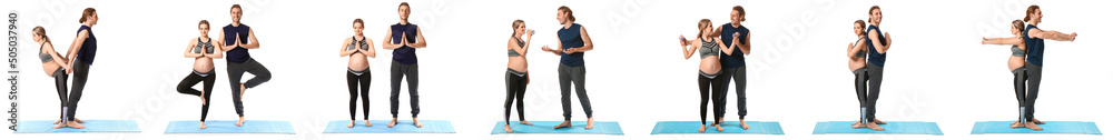 Set of young pregnant couple practicing yoga on white background Set of young pregnant couple practicing yoga on white background