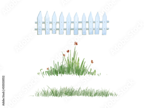 Watercolor hand drawn illustration of wooden fence, grass, flowers, front yard set clip art for postcard design, Doodle elements. diary and notebook stickers