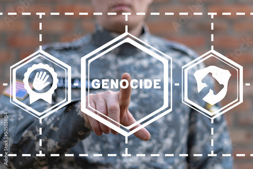 Military concept of End the Genocide. Victims of crime of genocide. Prevention of crime of genocide. Stop genocide and mass repression. photo