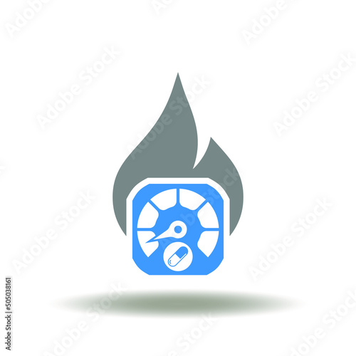 Vector illustration of speedometer with pill capsule and fire flame. Icon of boost your metabolism. Symbol of high metabolic level.