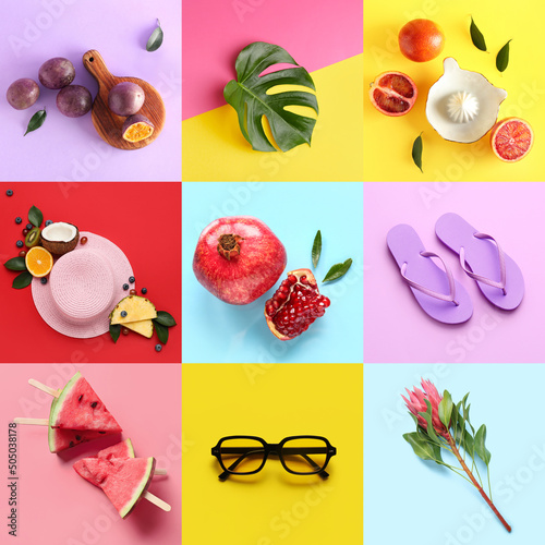 Fototapeta Naklejka Na Ścianę i Meble -  Collage of fresh fruits with tropical plants, watermelon, flip-flops, hat and eyeglasses. Hello summer