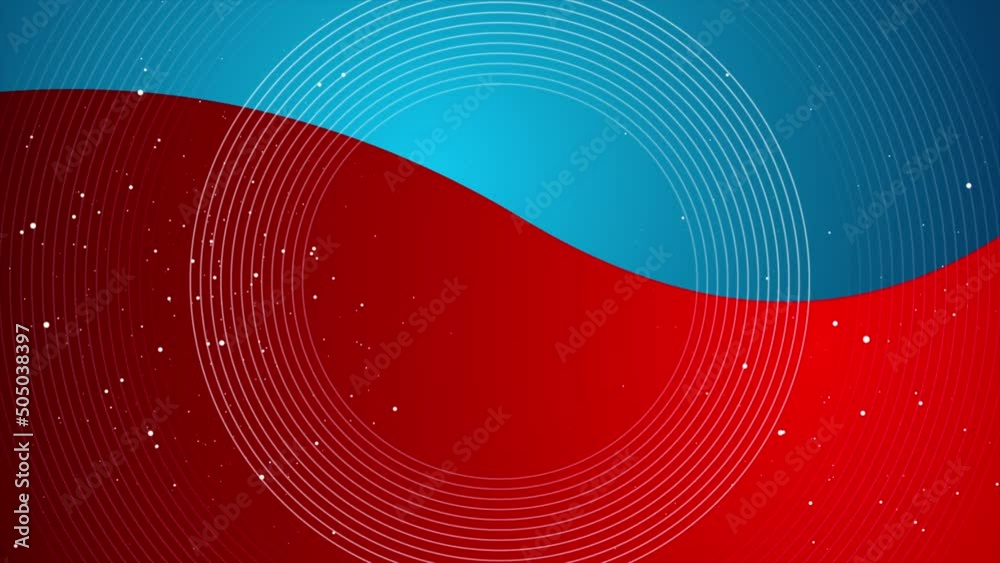 Contrast red blue wavy motion background with white linear circles and dots. Seamless looping. Video animation Ultra HD 4K 3840x2160
