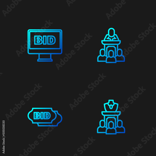 Set line Auction jewelry sale, Bid, Online auction and auctioneer sells. Gradient color icons. Vector