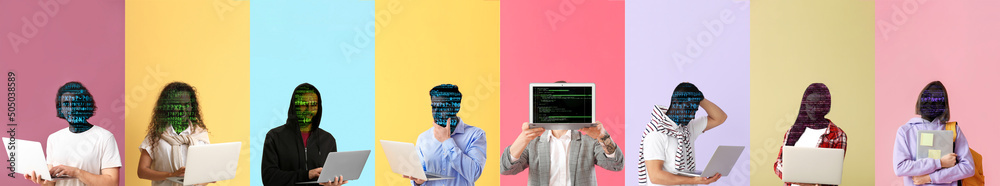 Set of hackers on colorful background - obrazy, fototapety, plakaty 