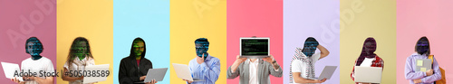 Set of hackers on colorful background photo